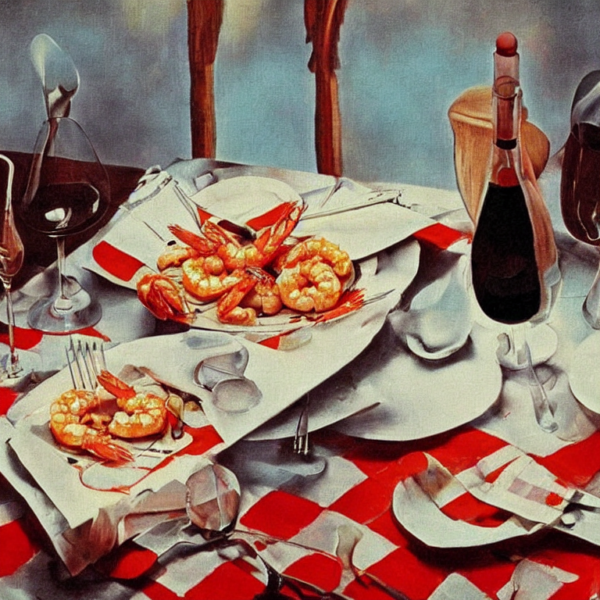 Shrimp and grits dinner for two with wine on an elegant red checkered table cloth at a restaurant